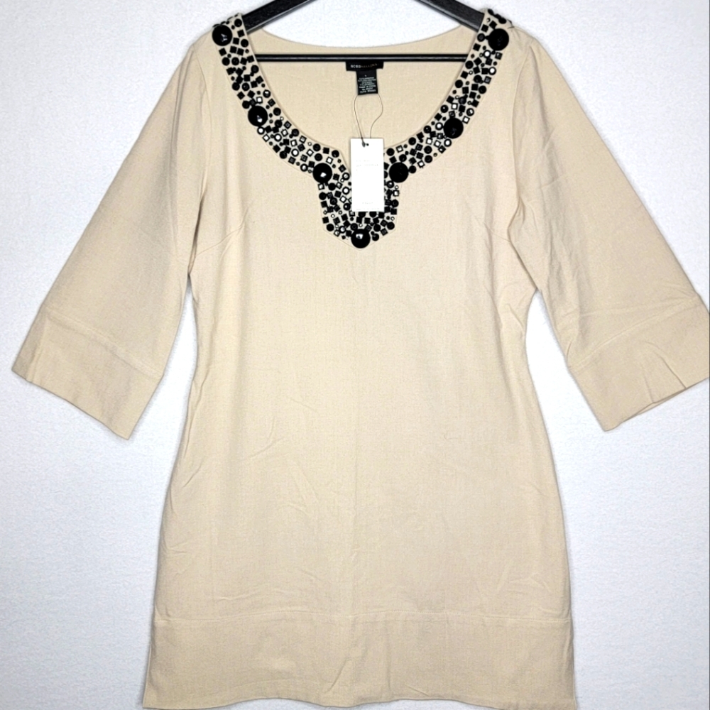 NWT BCBGMaxAzria Elegant Cream Dress with Black Embellishments Size L. #850‎